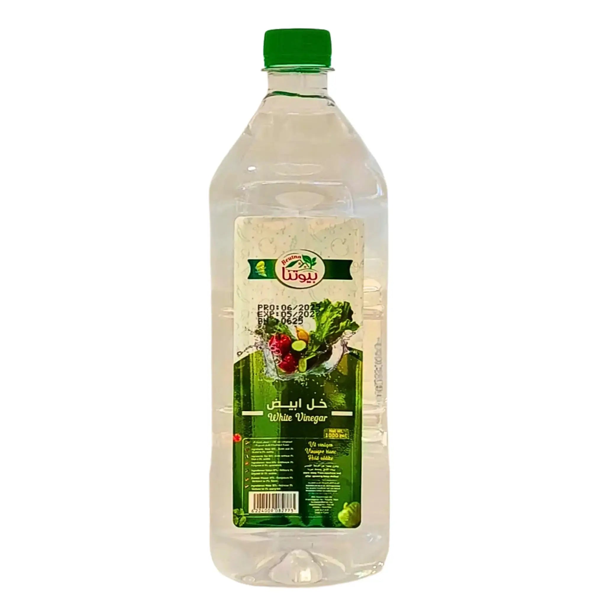Iso muovipullo etikkaa, valkoista viinietikkaa 1000 ml, vihreä etiketti ja vihreä korkki.