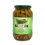 625 g:n purkki suolakurkkua, jossa on kuvia ja vihreä kansi, itämaisia makuja.
