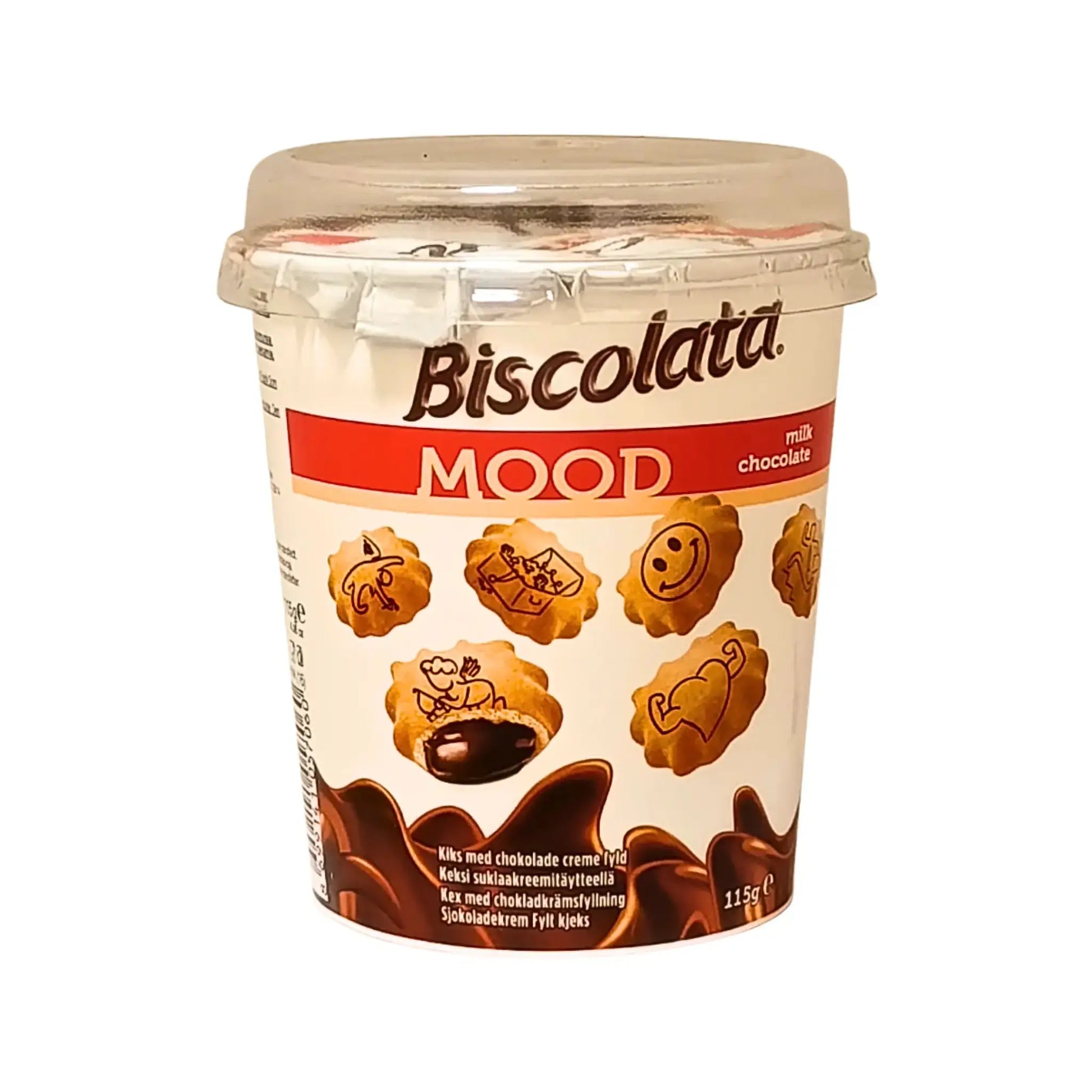 Biscolata Mood -maitosuklaalla täytetyt keksit muovikupissa, 115g, keksien kuvioinnissa on hauskoja painoksia.
