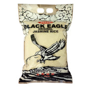 Black Eagle -jasmiiniriisi 5 kg läpinäkyvässä pussissa yrttikuvioinnilla ja tekstillä, erittäin korkea laatu.