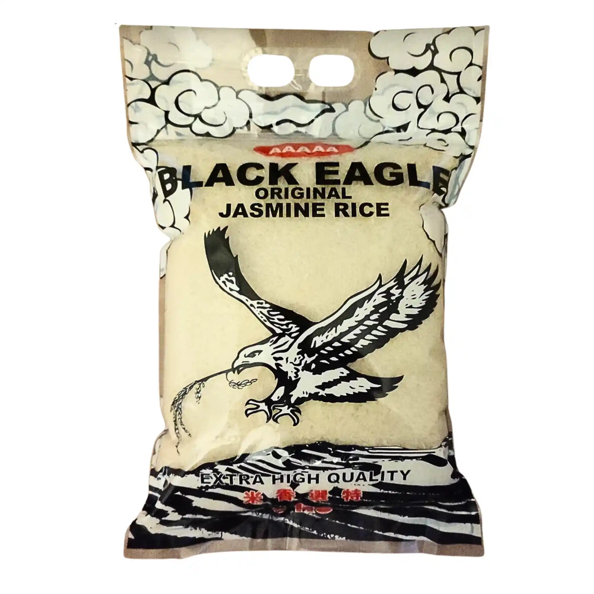 Black Eagle -jasmiiniriisi 5 kg läpinäkyvässä pussissa yrttikuvioinnilla ja tekstillä, erittäin korkea laatu.