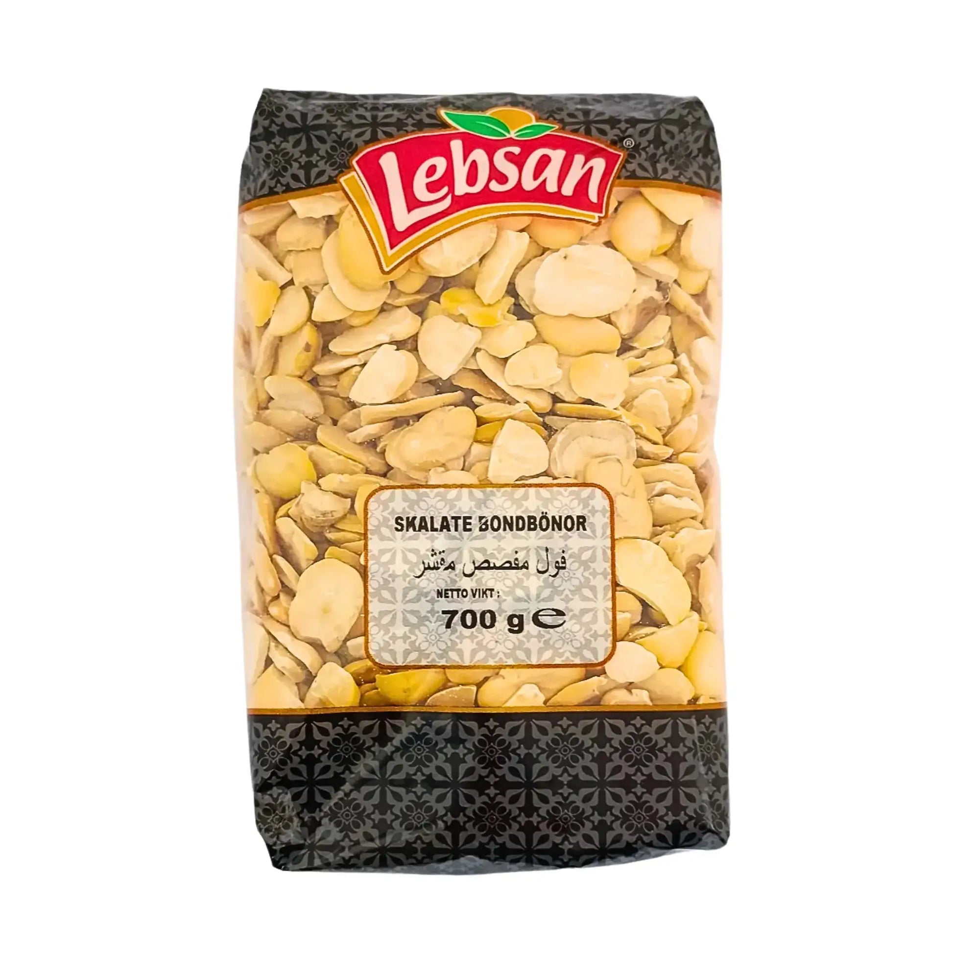 Pakkaus, jossa on 700 g kuorittuja pavunpapuja, Lebsan, itämaisia palkokasveja.