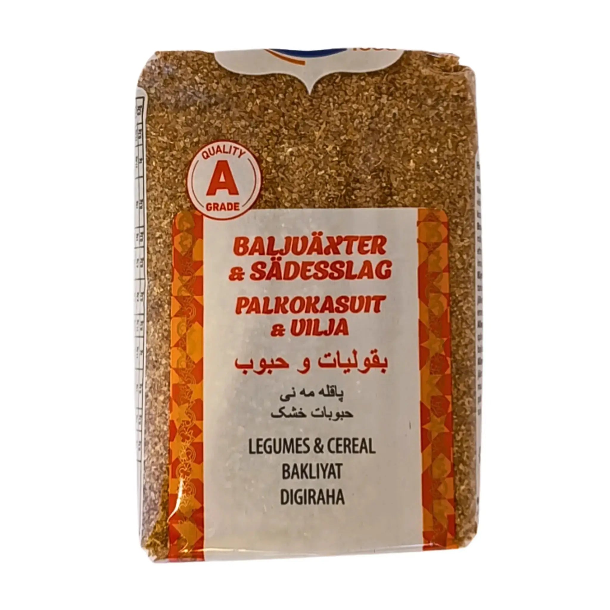Pakkaus bulgur ruskeaa hienoa, 800 g, selkeä monikielinen etiketti ja A-laatuvaatimusmerkki.