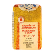 Pakkaus hienoa bulgur-jauhoa 800g, selkeä etiketti, jossa teksti palkokasveista ja viljoista valkoisella pohjalla.