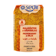 Paketti karkeaa bulgur-jauhoa ja vermicelliä, 800 g, selkeä teksti useilla kielillä, itämaisia raaka-aineita.