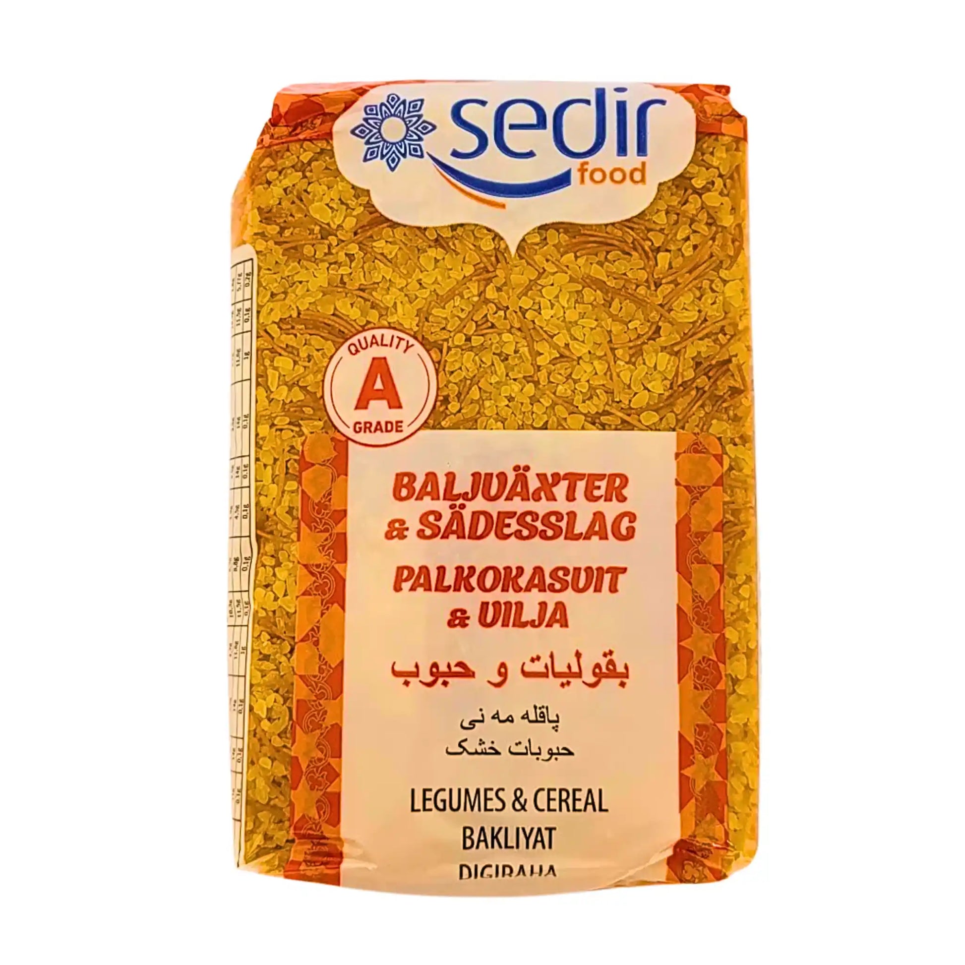 Paketti karkeaa bulgur-jauhoa ja vermicelliä, 800 g, selkeä teksti useilla kielillä, itämaisia raaka-aineita.