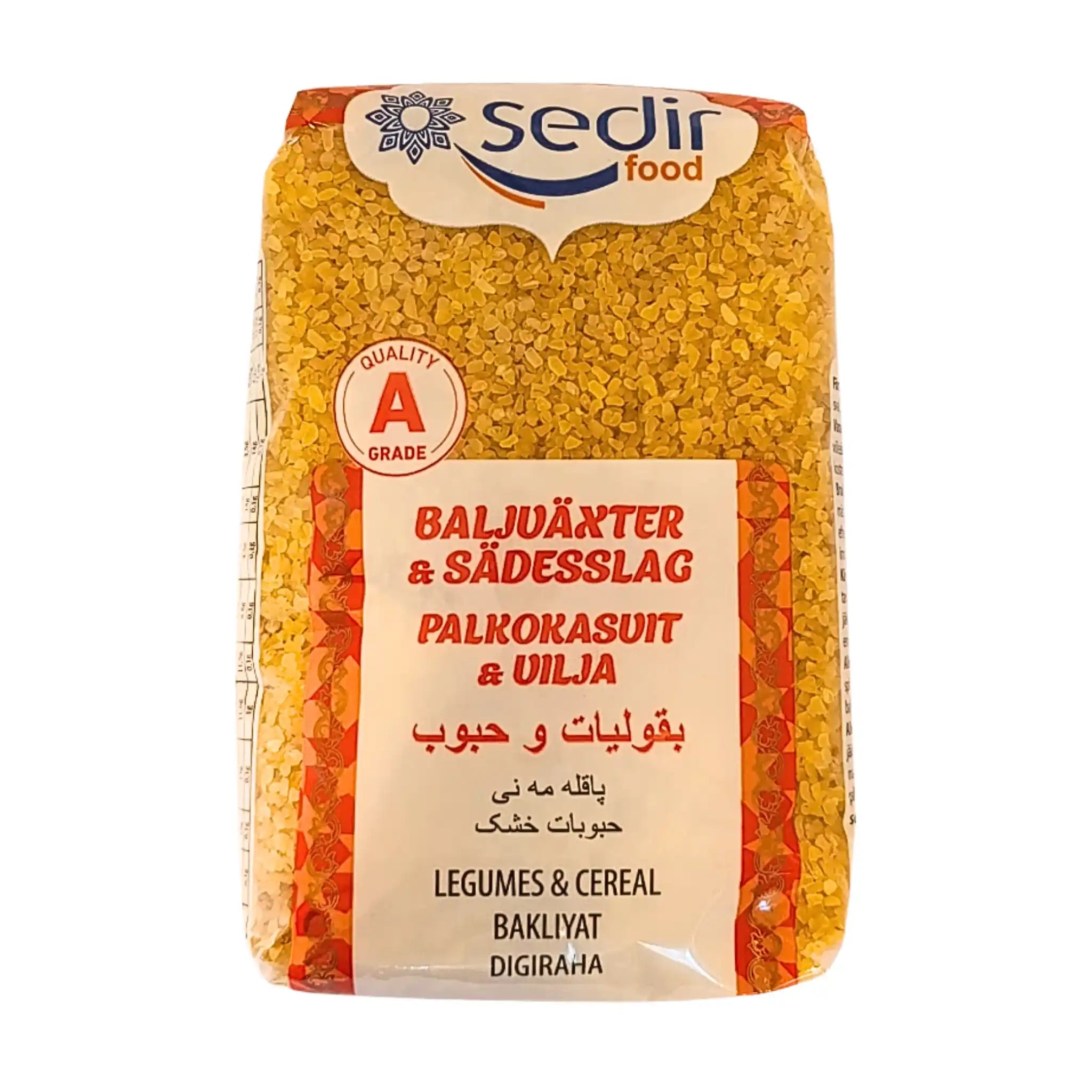Sedir bulgur keskitaso 800 g läpinäkyvässä muovipakkauksessa, palkokasvit ja viljat.