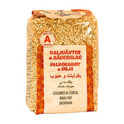 Pakkaus kuorittuja vehnäjyviä 800g, selkeä etiketti tekstillä palkokasvit ja viljat.