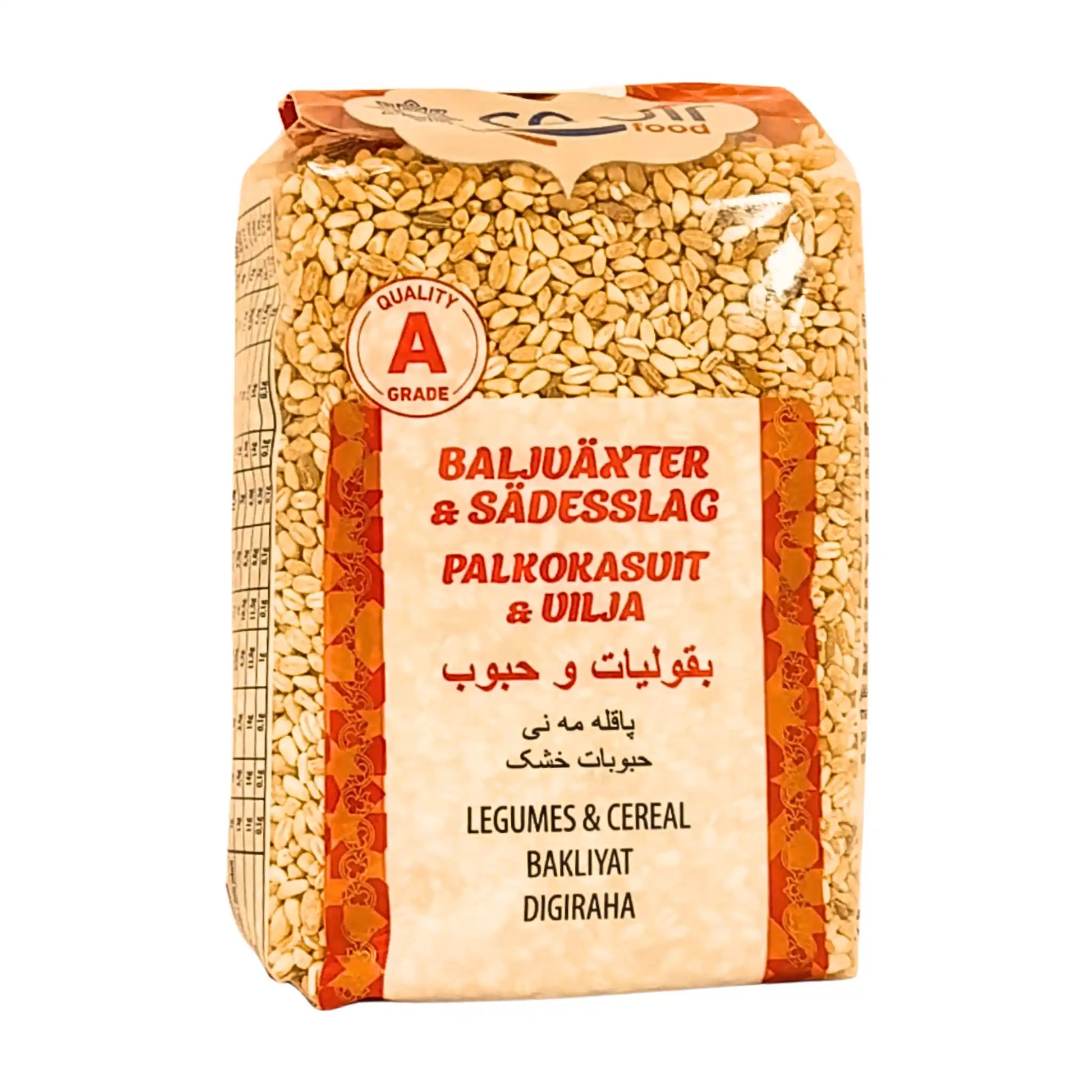 Pakkaus kuorittuja vehnäjyviä 800g, selkeä etiketti tekstillä palkokasvit ja viljat.