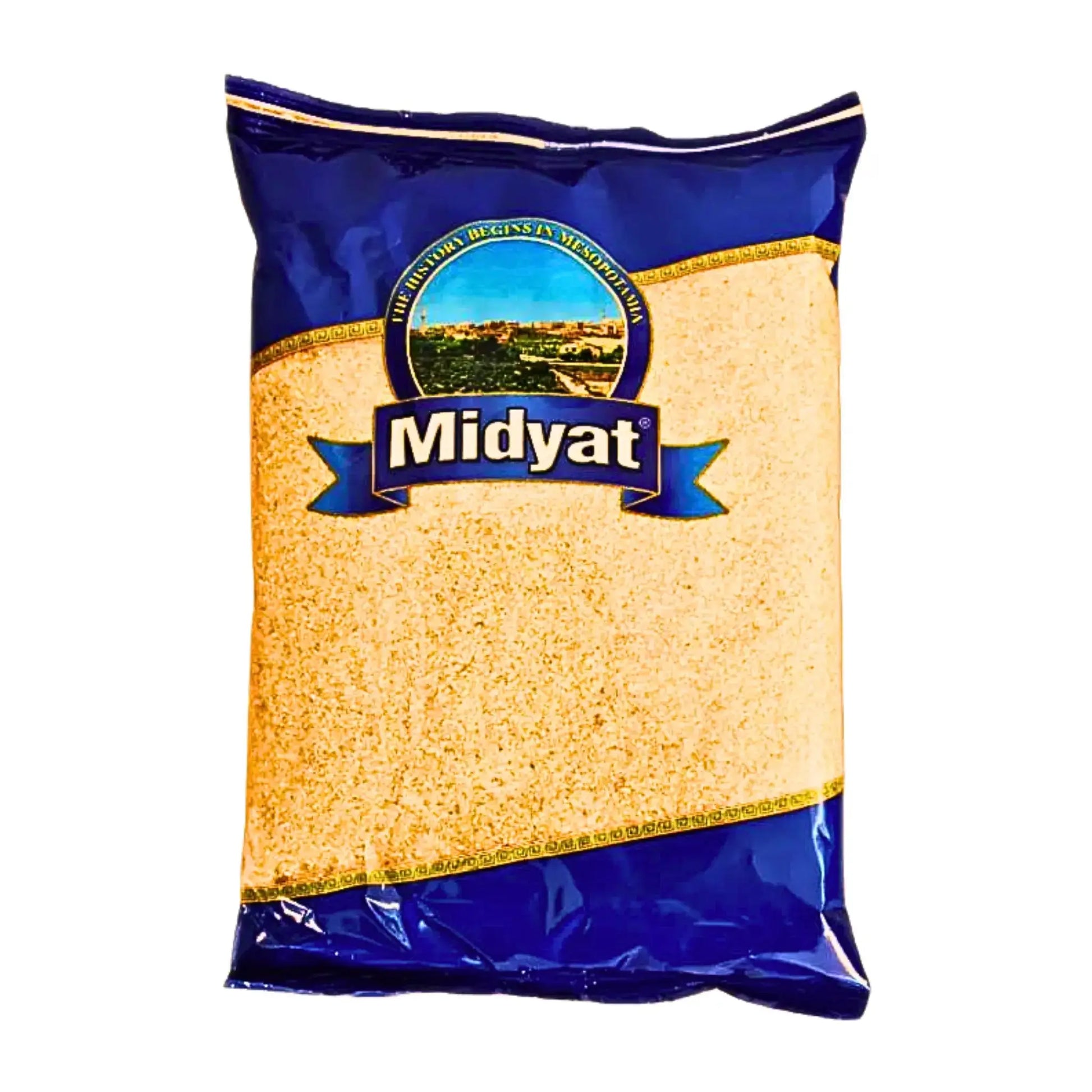 Bulgur läpinäkyvässä ja sinisessä pussissa, jossa teksti Midyat, itämaiset elintarvikkeet.