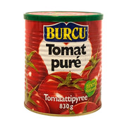 Burcu tomaattipasta 830g purkki, punainen pakkaus tomaattikuvioilla, itämaiset siirtomaatuotteet
