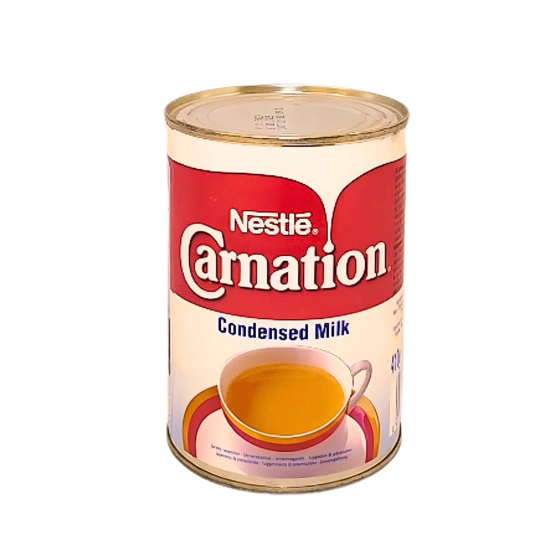 Nestlé Carnation-tiivistetty maito 410 g, konservipurkki punaisella ja valkoisella etiketillä.