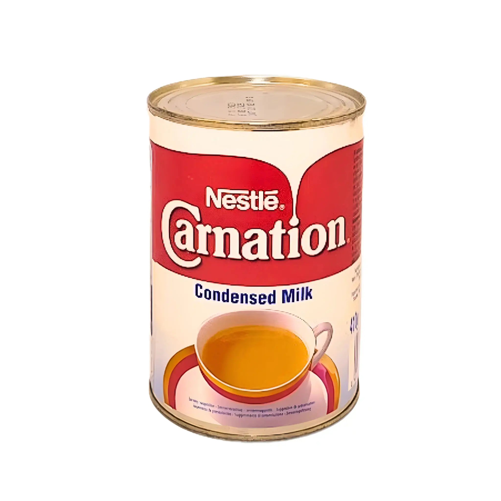 Nestlé Carnation-tiivistetty maito 410 g, konservipurkki punaisella ja valkoisella etiketillä.