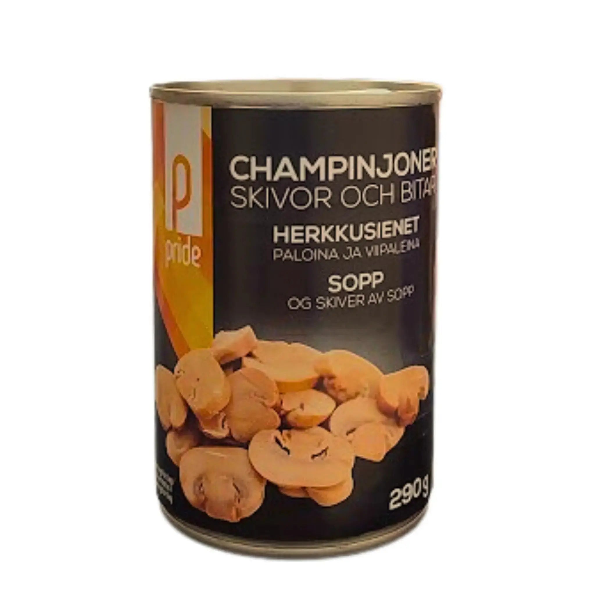 Konservipurkki viipaloituista sieniä, 290g, selkeä etiketti valkoisella taustalla.