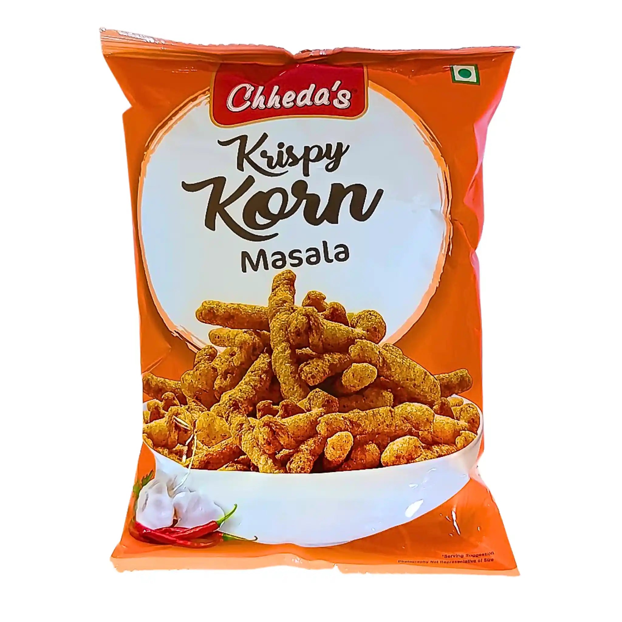 Chheda's Krispy Korn Masala snacks, orange förpackning, indisk kryddad majsskål