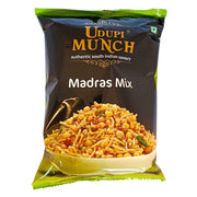 Pussi Udupi Munch Madras Mix, eteläintialaisia mausteisia välipaloja, keltavihreät värit, 170 g.