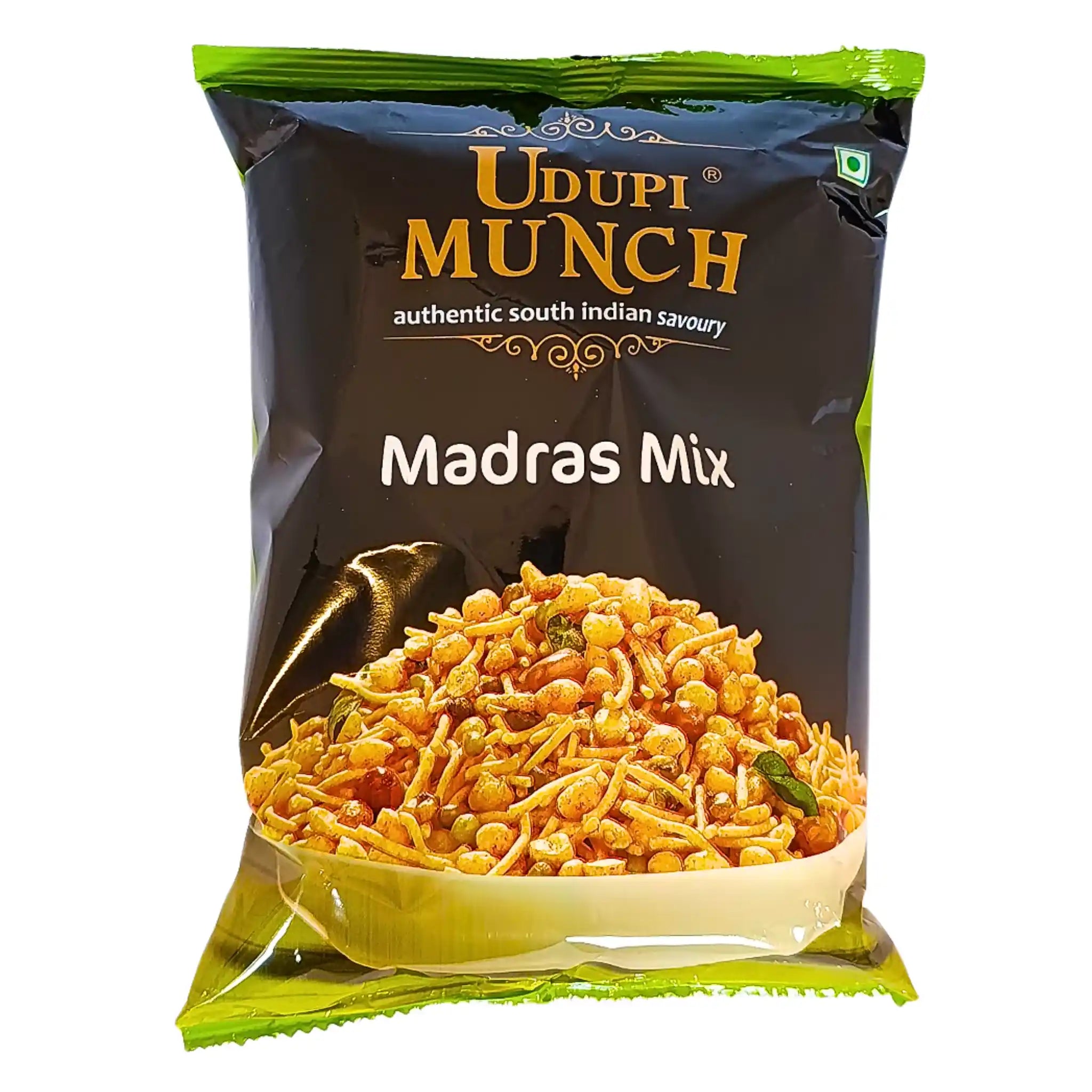 Påse med Udupi Munch Madras Mix, sydindisk kryddig snacks, gulgröna färger, 170g.