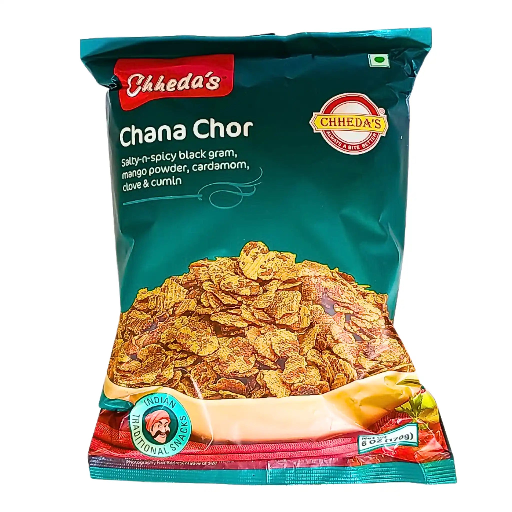 Påse med indiskt snacks Chana Chor Garam, kryddade och rostade kikärtsflarn, 170g.