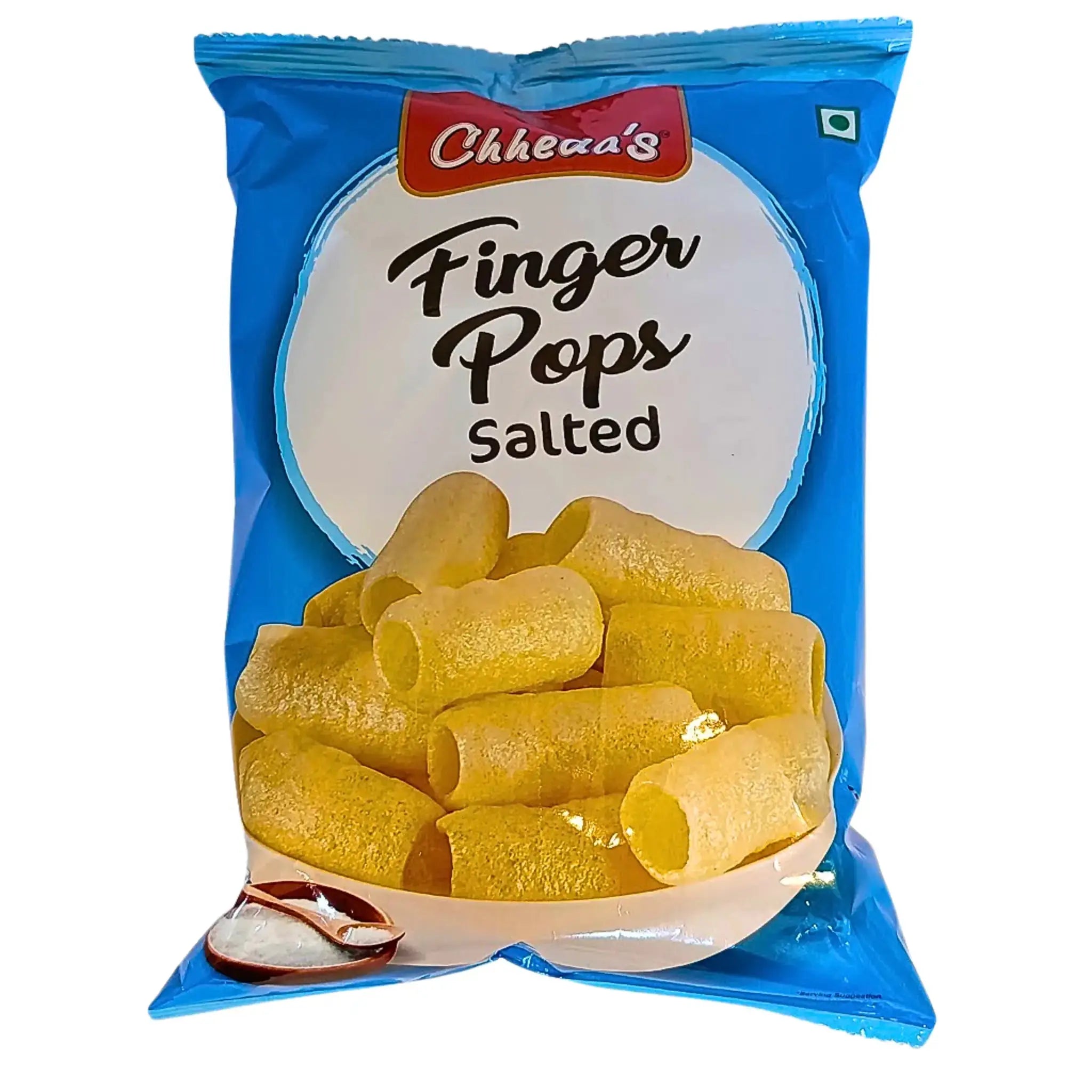 Finger Pops Salted snacks i blå förpackning, frasiga orientaliska rörformade chips.