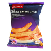 Pakkaus pitkistä masala-banaaninripsista, mausteisia välipaloja, 170 g valkoisella taustalla.