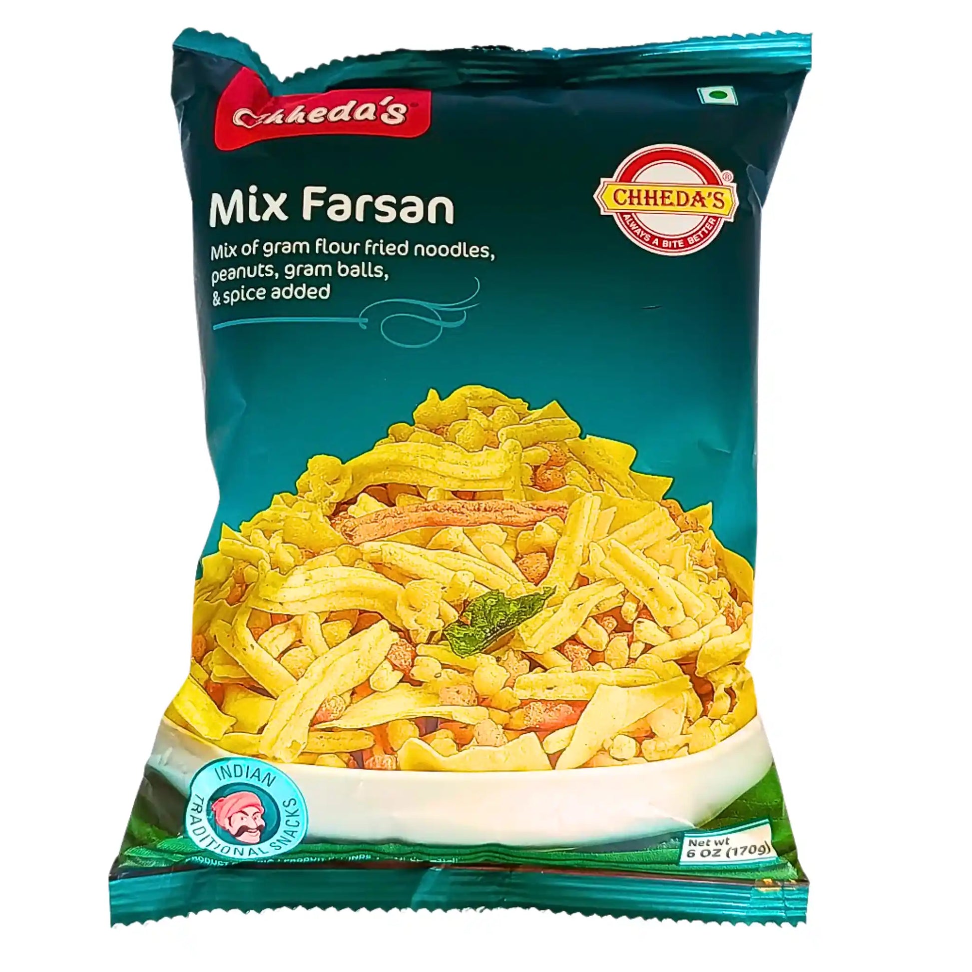 Påse med indisk mix farsan, friterade nudlar, jordnötter och kryddig snacks, 170g.