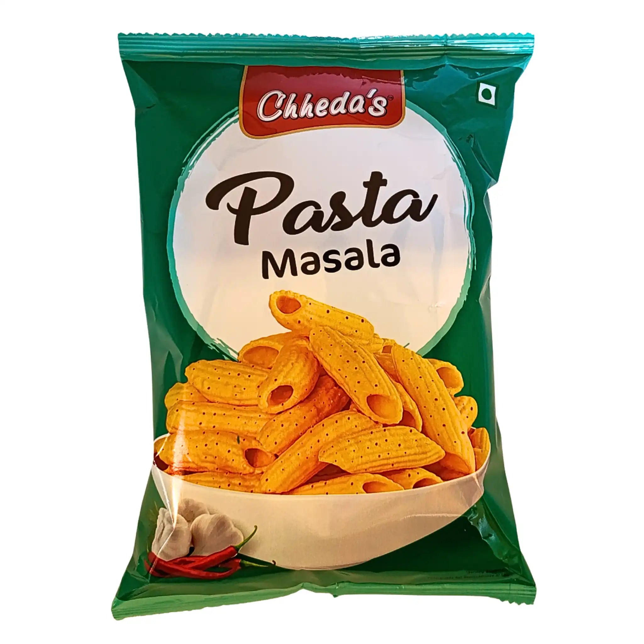 Påse med Chheda's Pasta Masala, krispig snacks med kryddor, orientaliska smaker.
