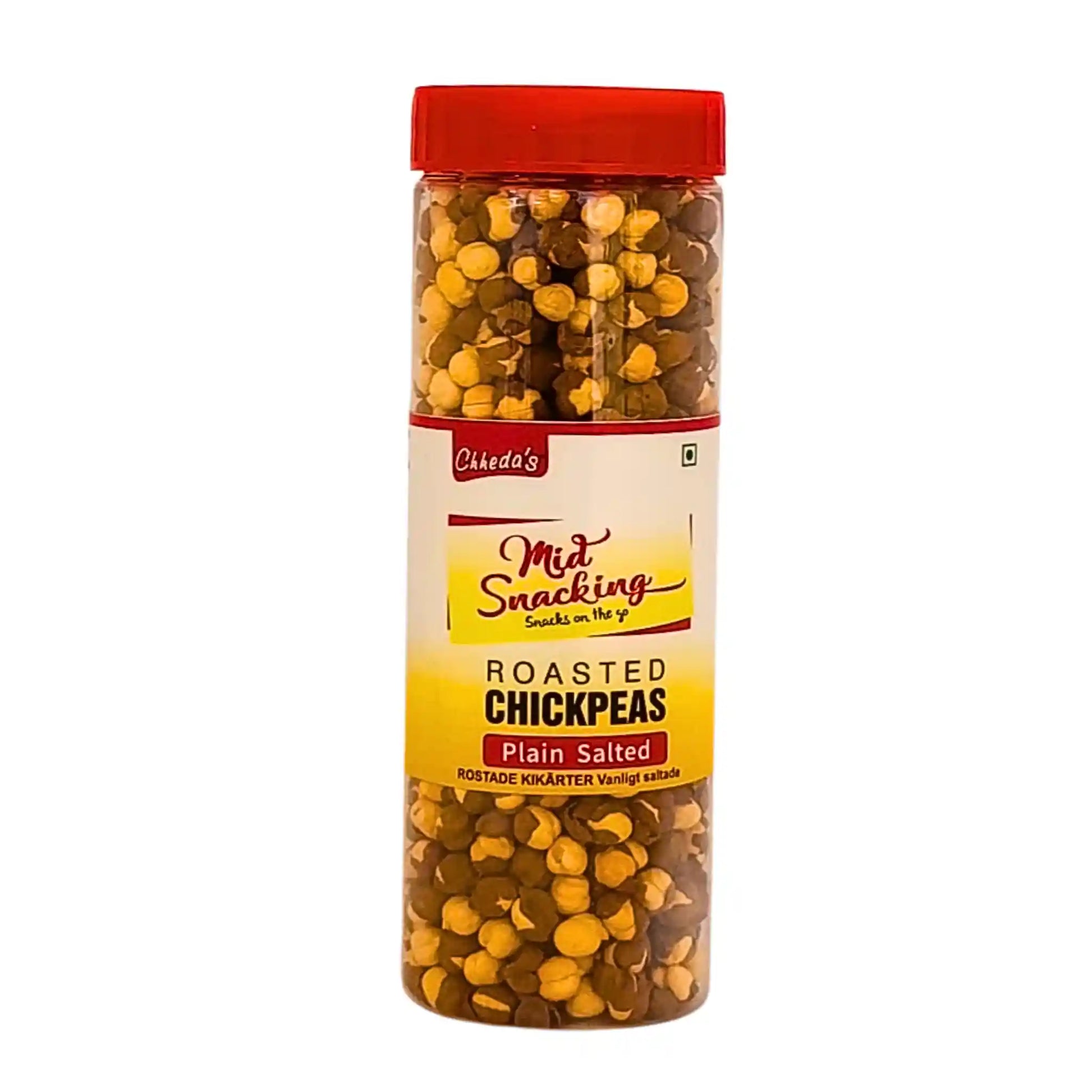 Paahdettuja kikhernesiä muovipurkissa punaisella kannella, etiketissä teksti 'Roasted Chickpeas Plain Salted'.