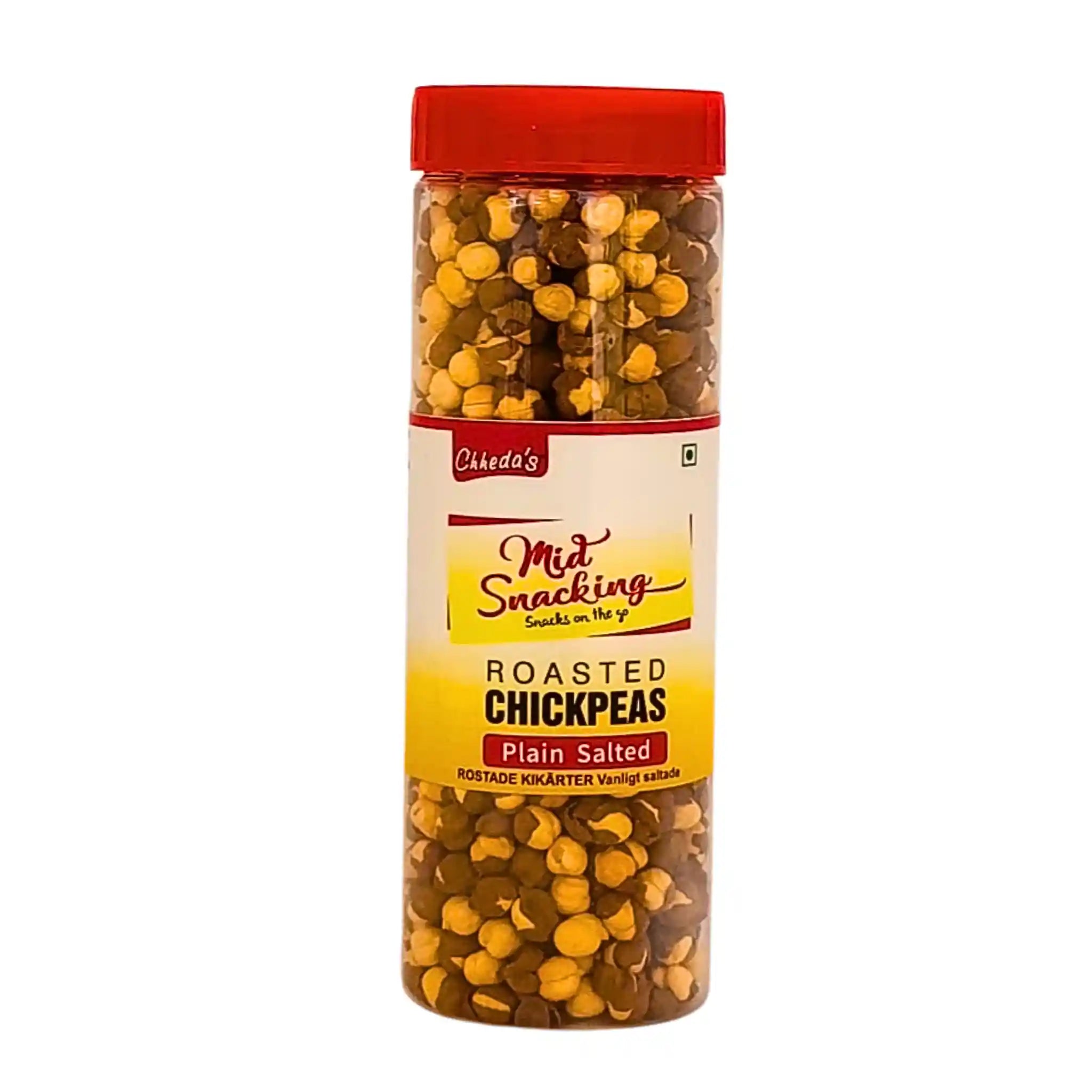 Paahdettuja kikhernesiä muovipurkissa punaisella kannella, etiketissä teksti 'Roasted Chickpeas Plain Salted'.