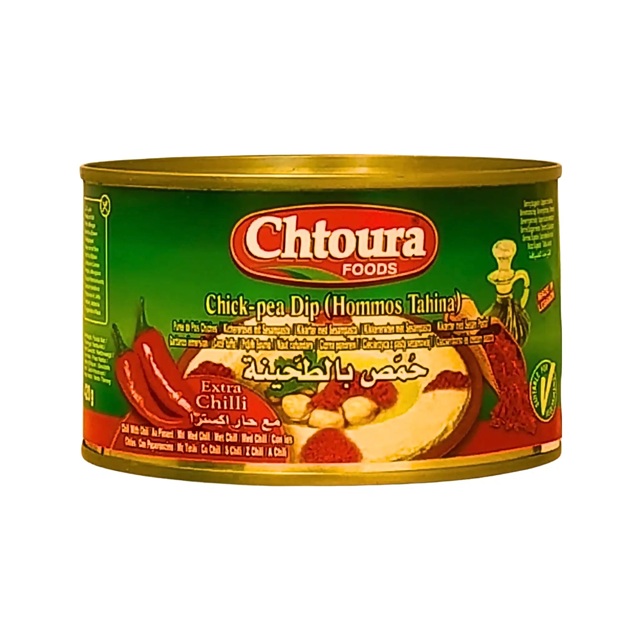 Purkki Chtoura-hummusta, chikkapapuja, tahinia ja ekstra-chilipippuria, idänomainen ruokatuote.