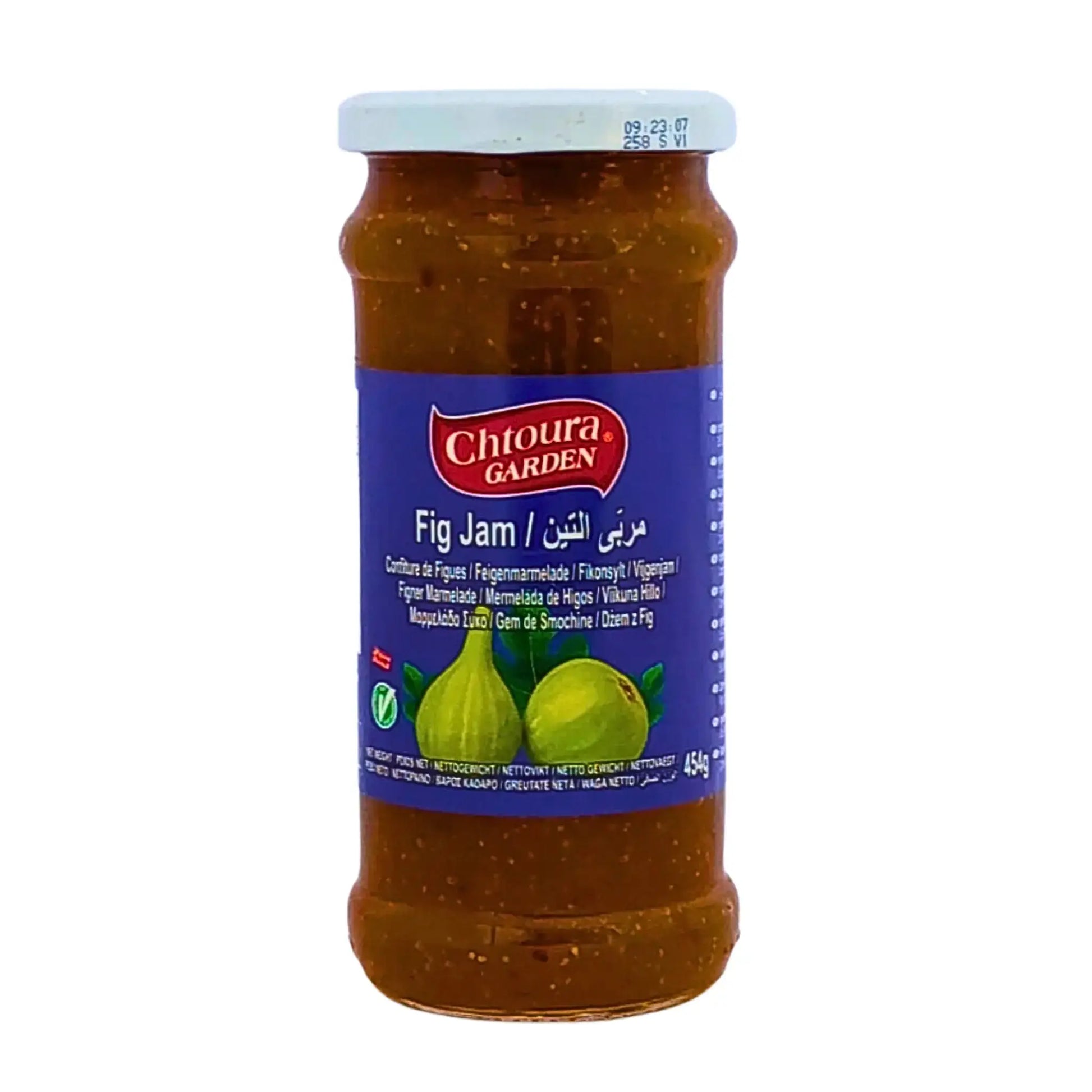 Fikkomarmeladi lasipurkissa 454 g, itämaiset maut, sininen etiketti figuilla.