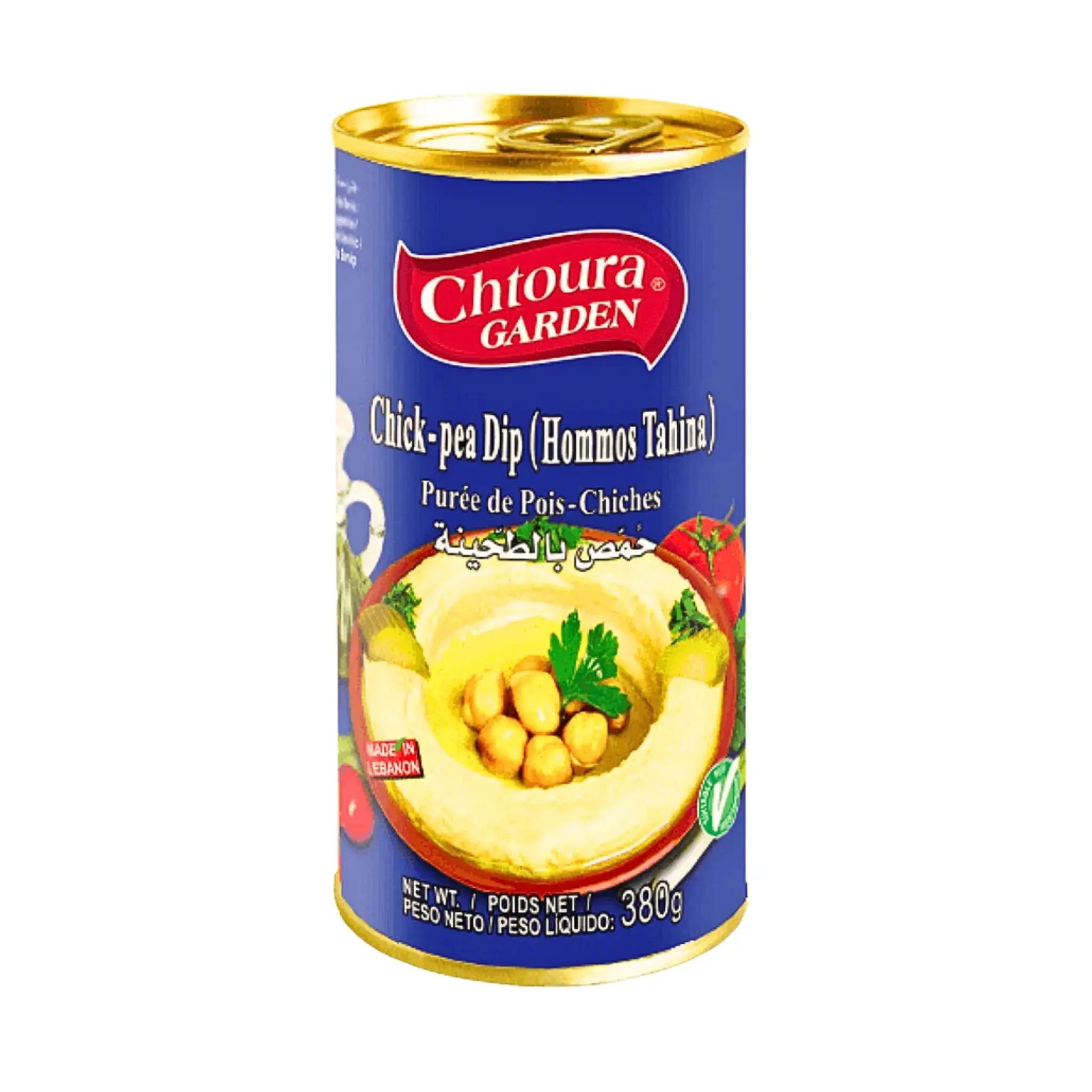Hummus tahini -pikkupata säilykepurkissa, sininen etiketti, itämaista ruokaa, 380 g.
