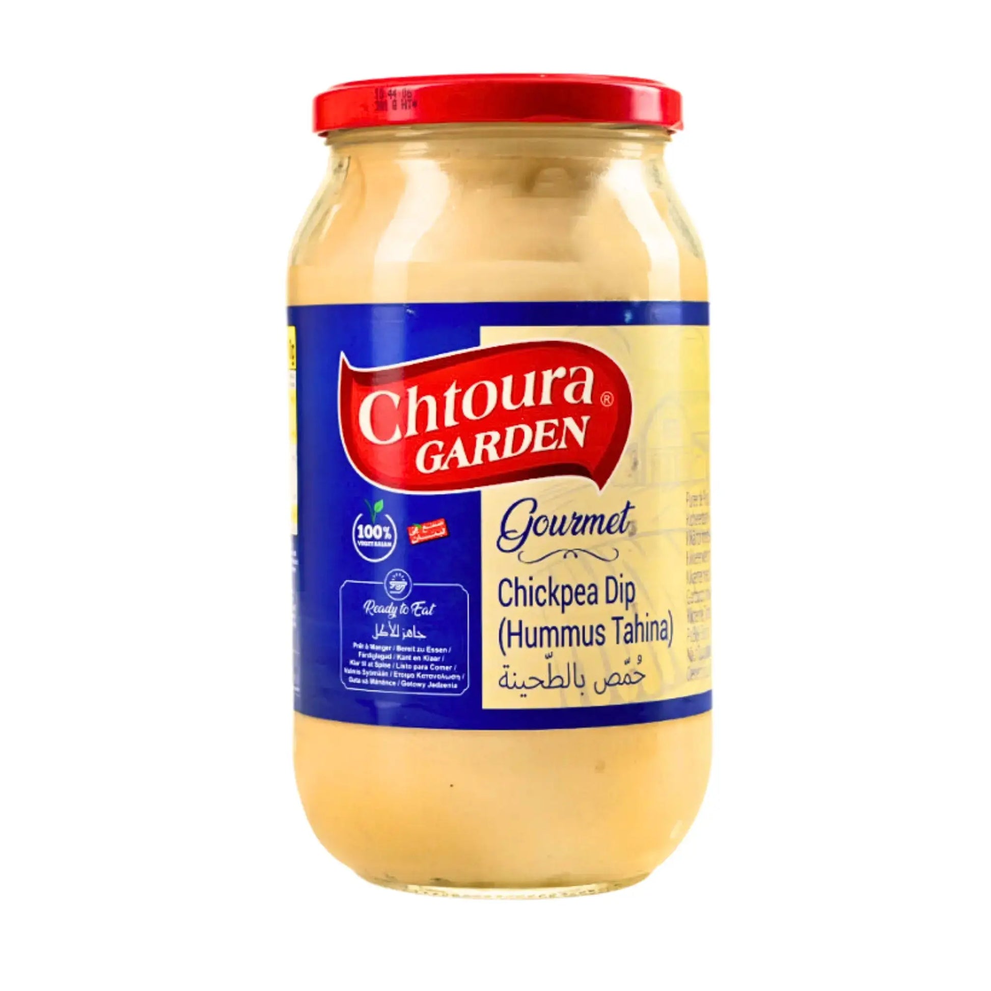 Hummus-tahini-kikarinsekoitus suurissa lasipurkeissa, Chtoura Garden -etiketti, itäinen tuote