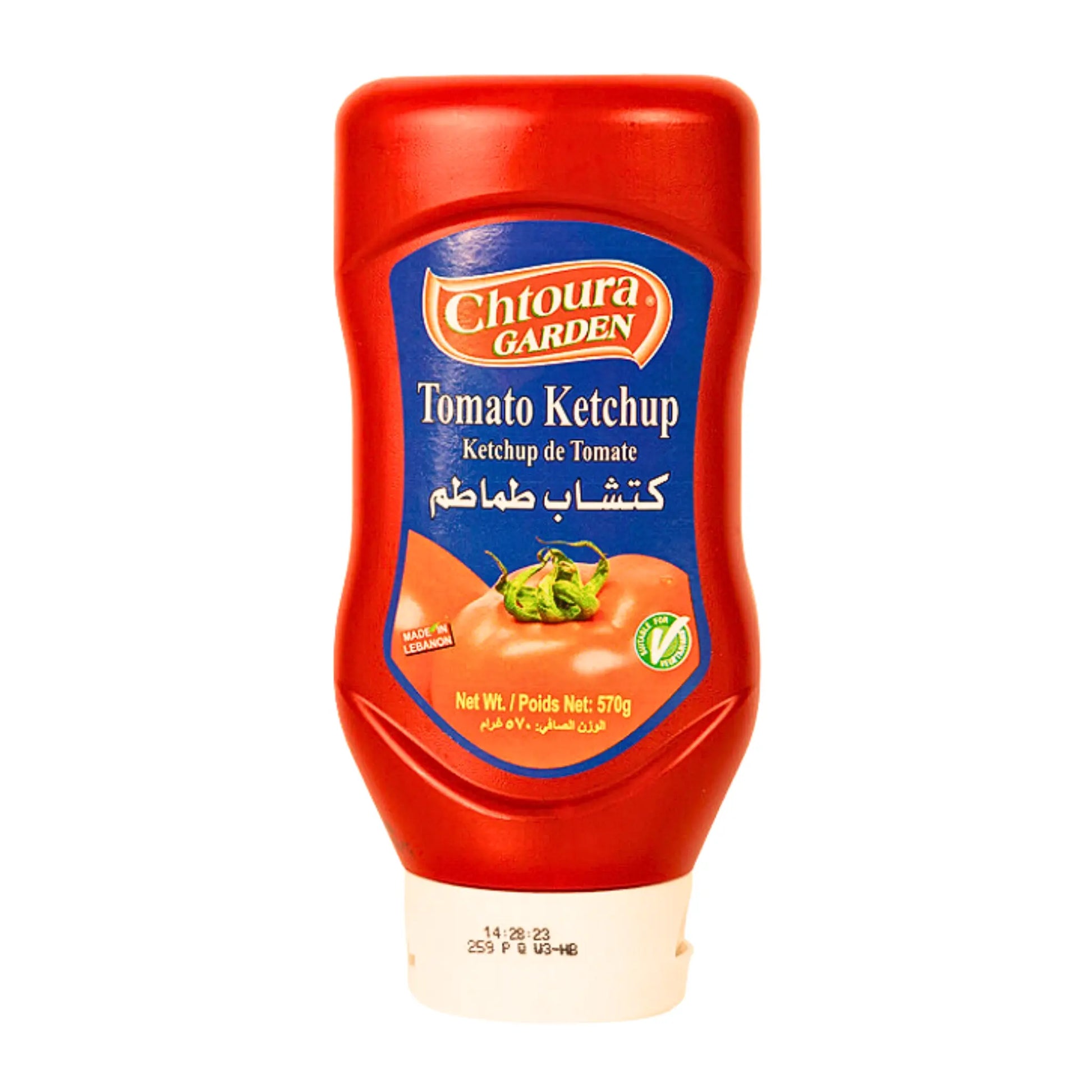 570 g:n muovipullollista tomaattiketsuppia, itämaisia elintarvikkeita, selkeä sininen etiketti.