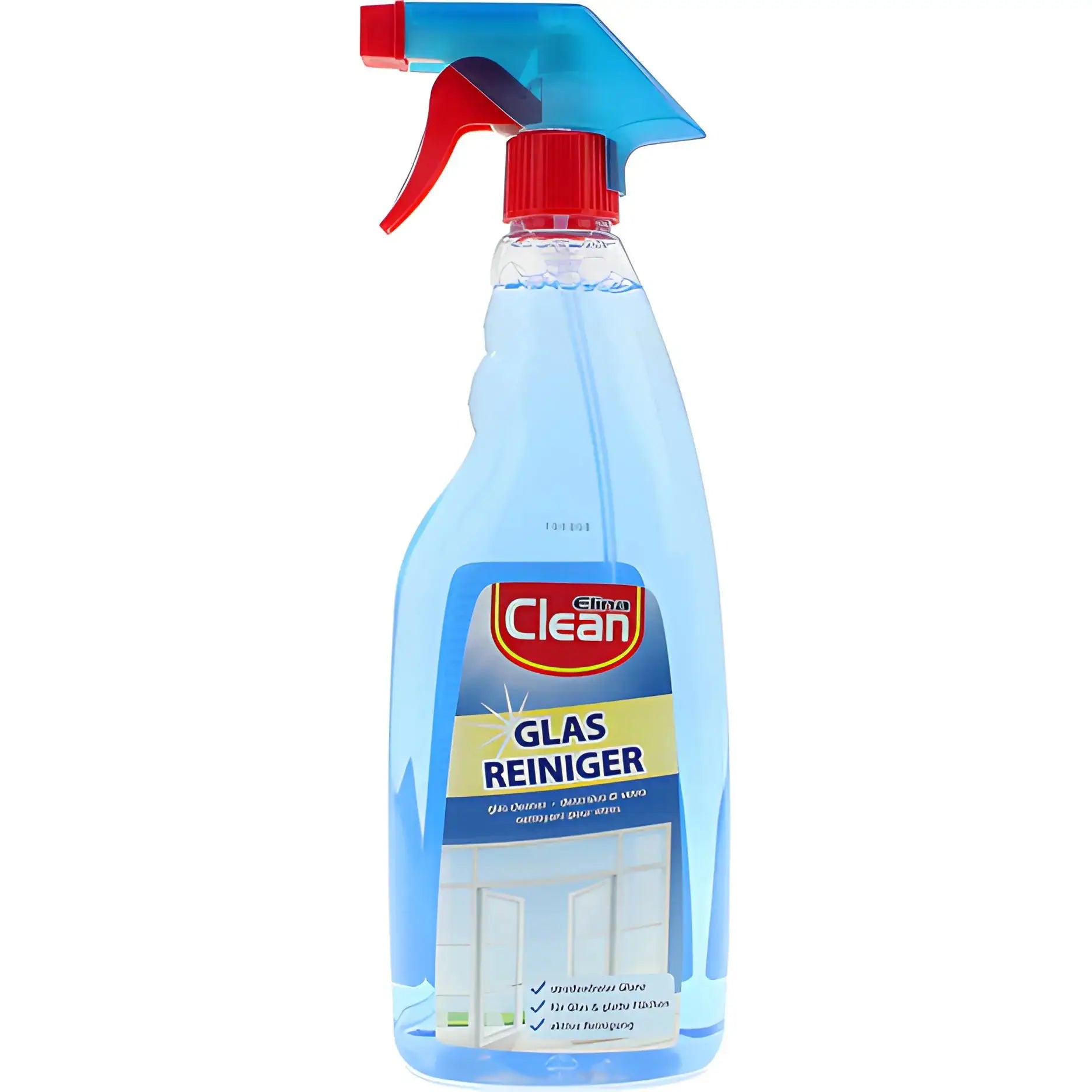 Ikkunanpesusuihkepullo Elina Clean Glas Reiniger valkoisella taustalla.