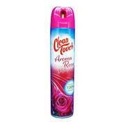 Rosa Clean Touch Aroma Rose -hajuspray 240 ml, jossa on ruusumotiivi valkoisella taustalla.