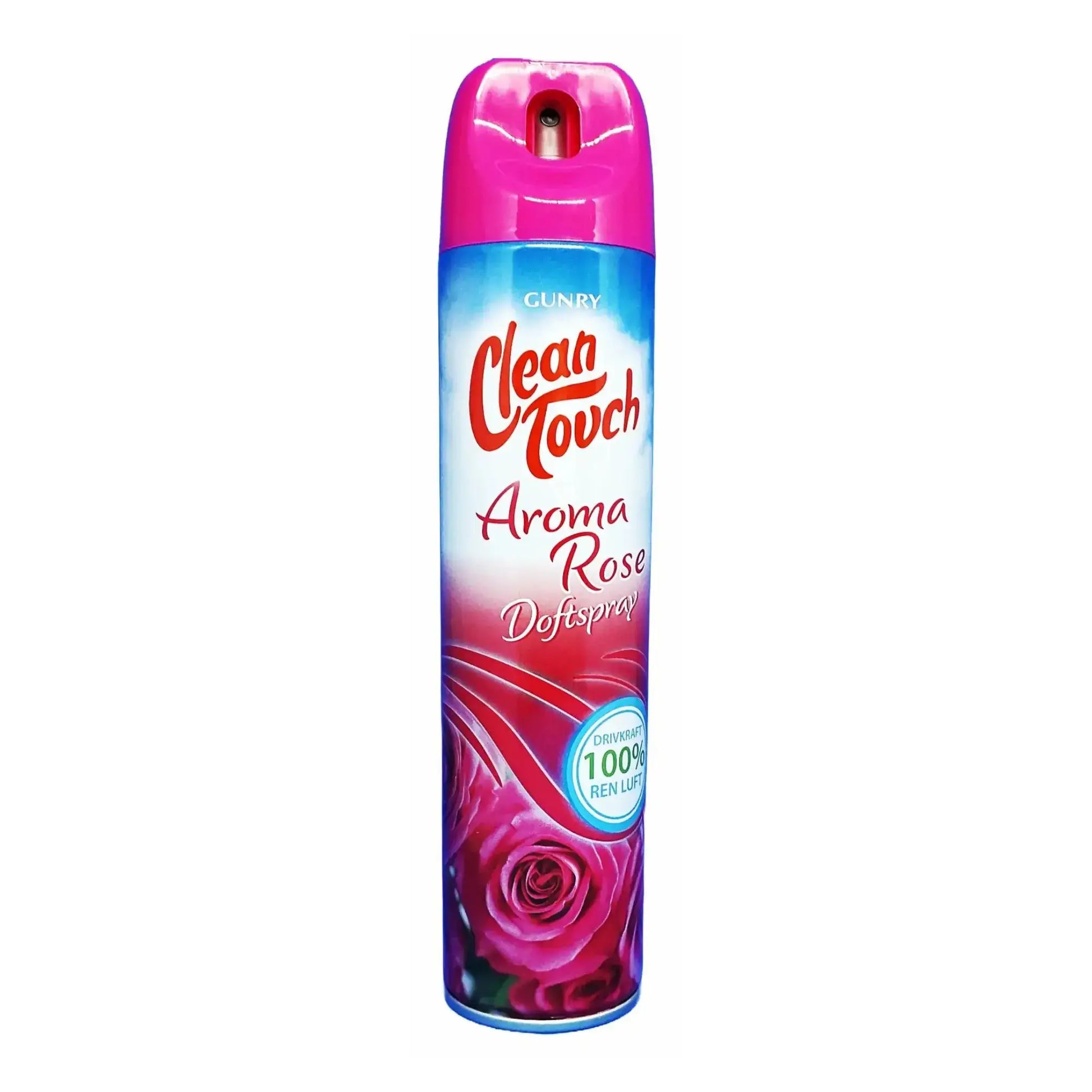 Rosa Clean Touch Aroma Rose -hajuspray 240 ml, jossa on ruusumotiivi valkoisella taustalla.