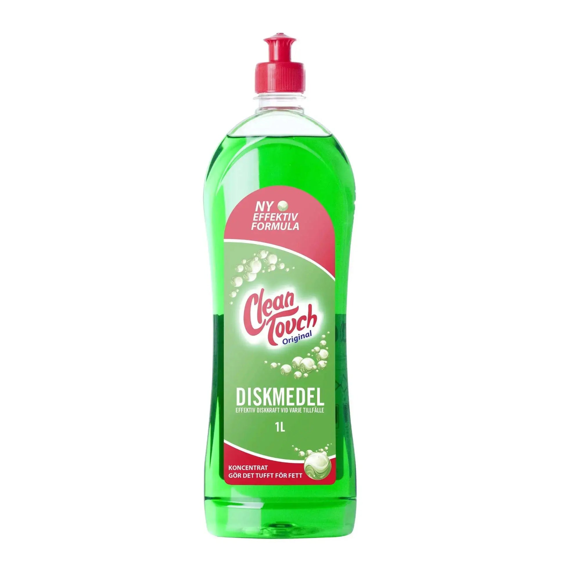 Vihreä Clean Touch Original -astianpesuaine 1 L punaisella korkilla, etiketissä kuplia ja tekstiä.