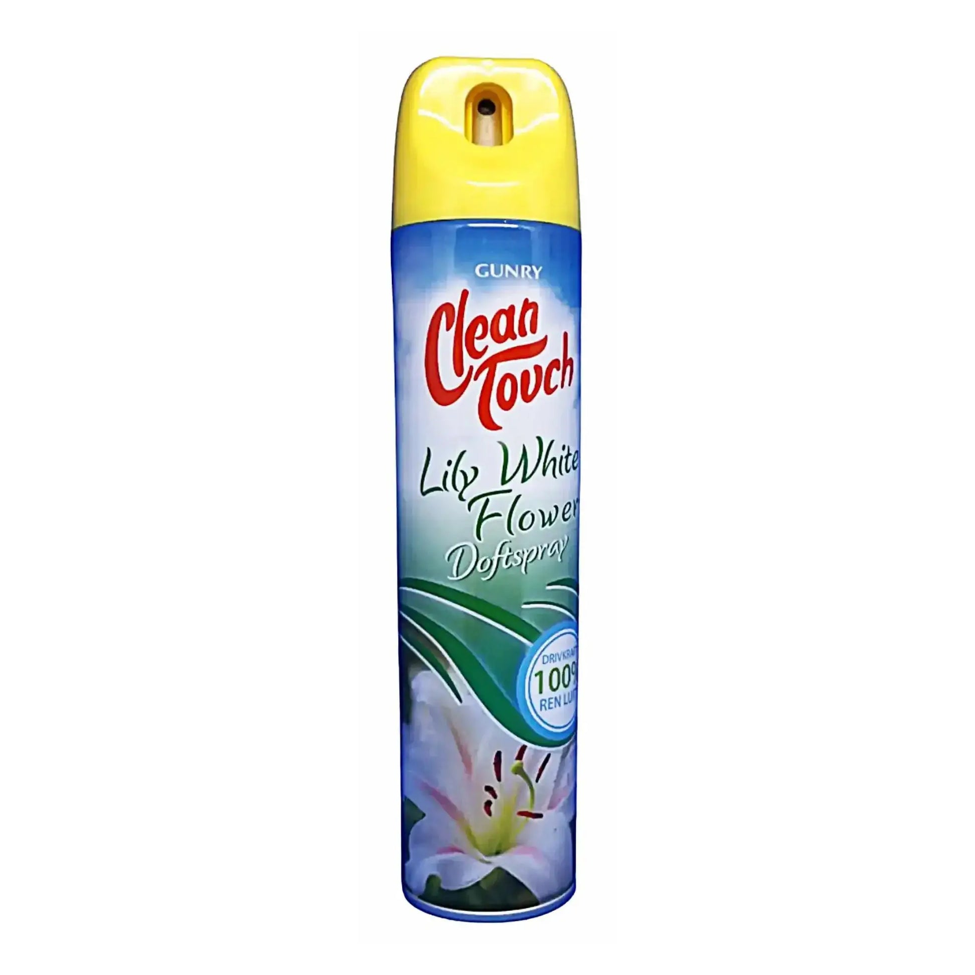 Hajuspray Clean Touch Lily White Flower, jossa on kultainen korkki ja kukkakoristelu valkoisella taustalla