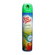 Clean Touch Spring Flowers -hajuspray 240 ml, jossa on vihreä korkki ja kukkamotiivi valkoisella taustalla