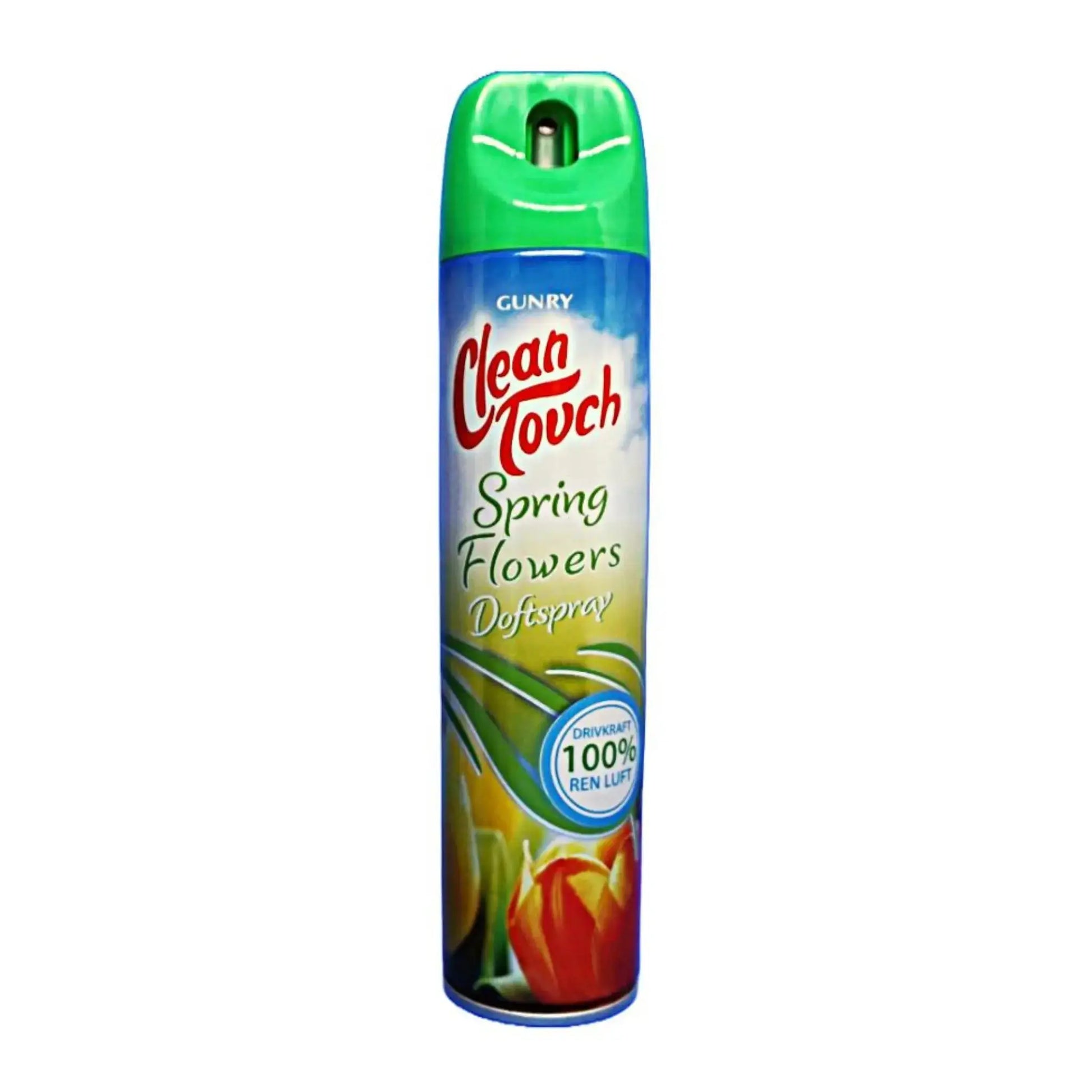 Clean Touch Spring Flowers -hajuspray 240 ml, jossa on vihreä korkki ja kukkamotiivi valkoisella taustalla