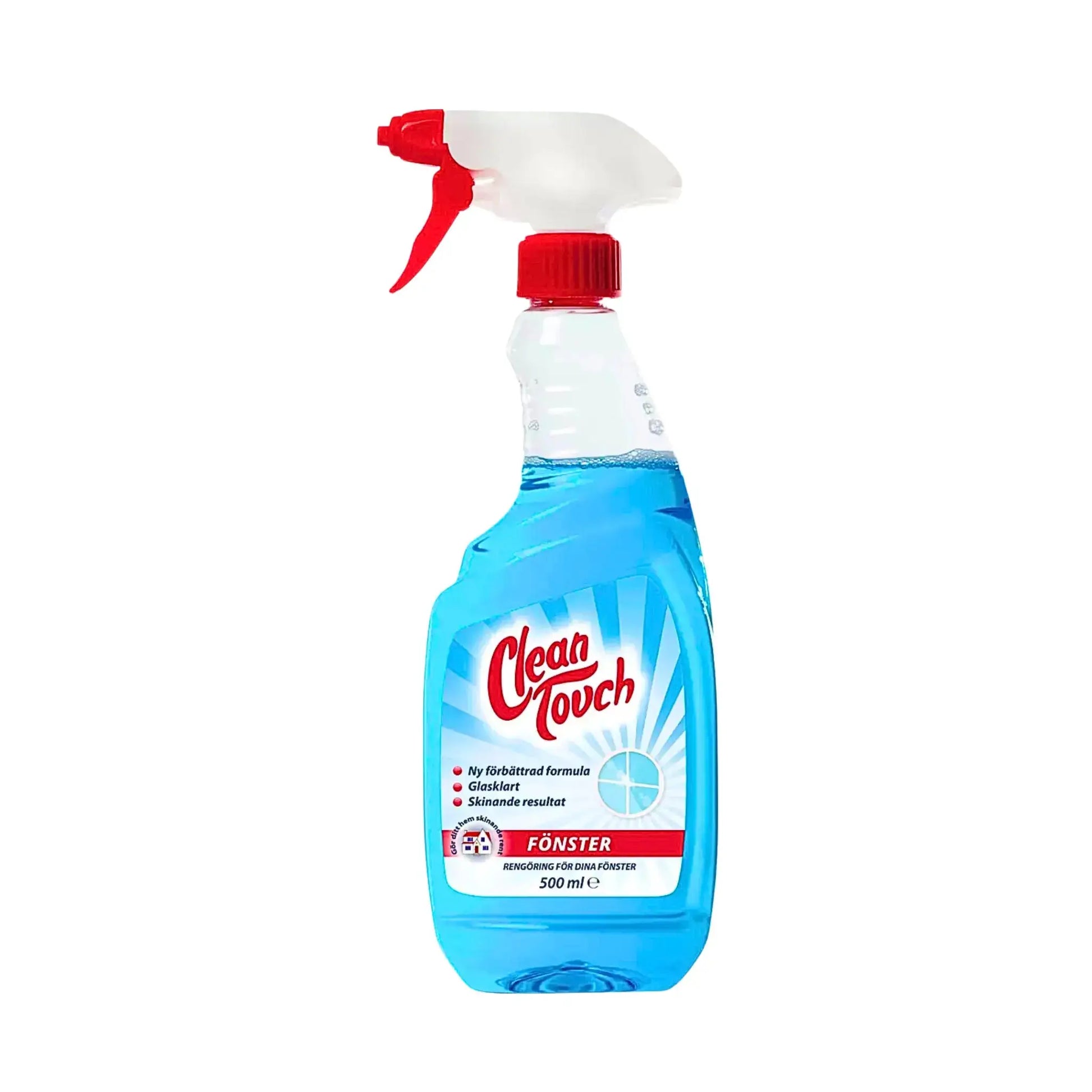 Clean Touch lasinpuhdistussuihkepullo 500 ml ikkunoihin, sininen neste, valkoinen tausta