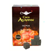 Coco Aladdin 1 kg -luonnonhiili, 72 palaa kuutioita vesipiipulle, pakkaus, jossa hehkuvia hiiliä taustalla.
