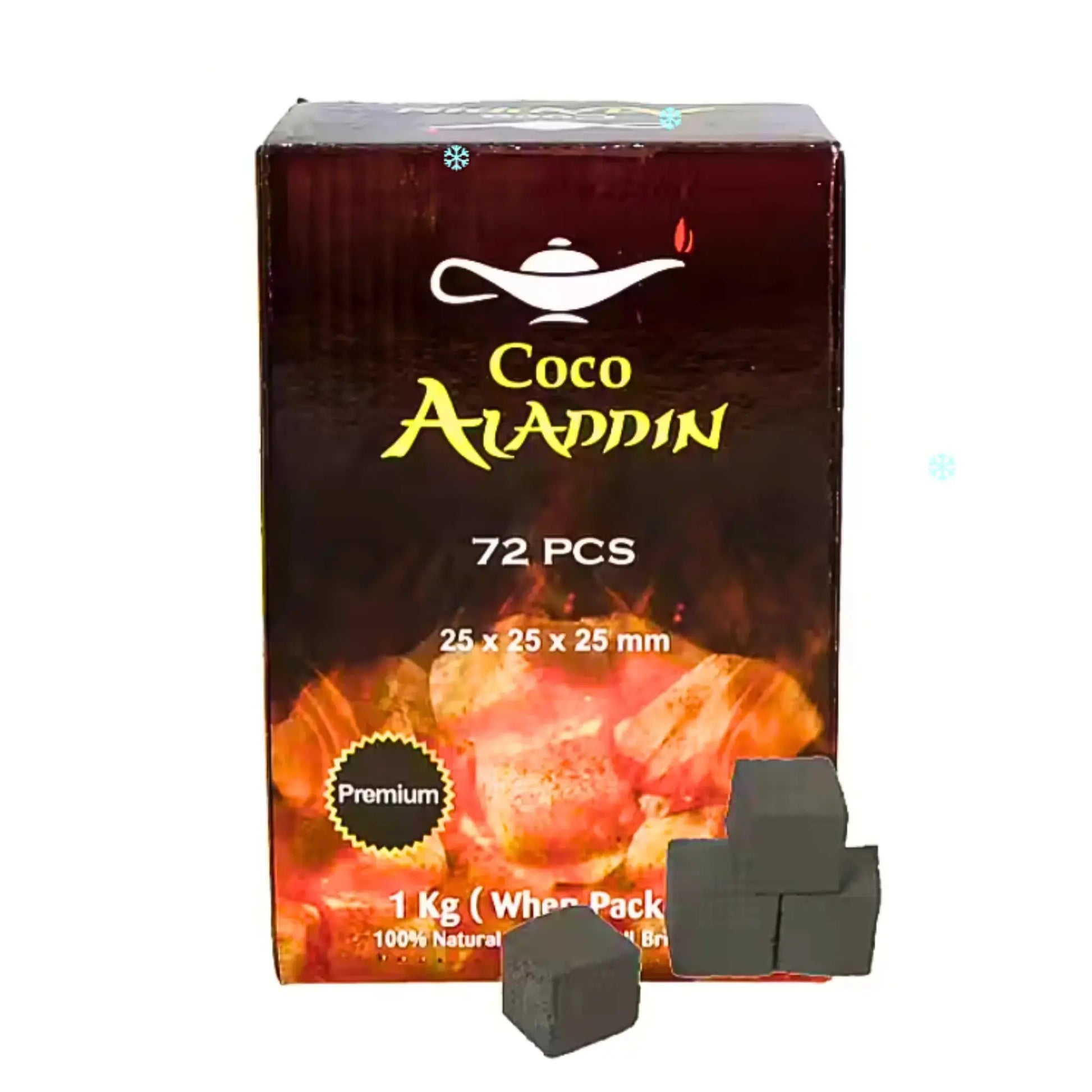 Coco Aladdin 1 kg -luonnonhiili, 72 palaa kuutioita vesipiipulle, pakkaus, jossa hehkuvia hiiliä taustalla.