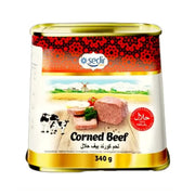 Sedir Corned Beef halal, 340 g säilykepurkki selkeällä etiketillä ja tarjoiluehdotuksella etupuolella