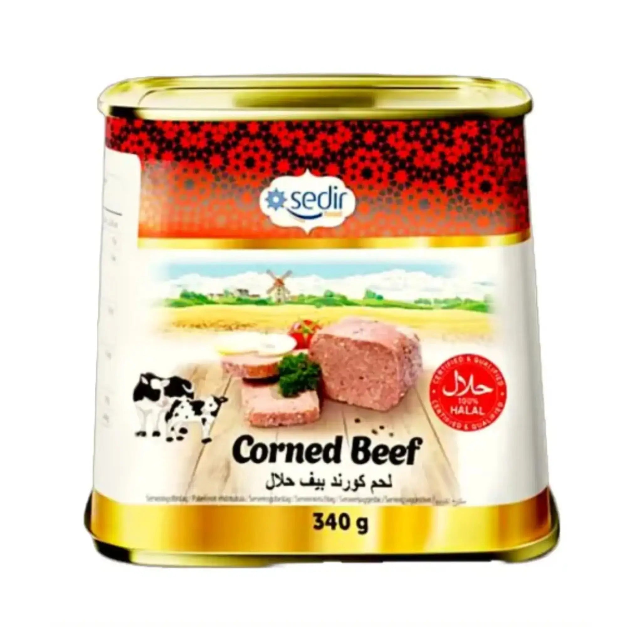 Sedir Corned Beef halal, 340 g säilykepurkki selkeällä etiketillä ja tarjoiluehdotuksella etupuolella