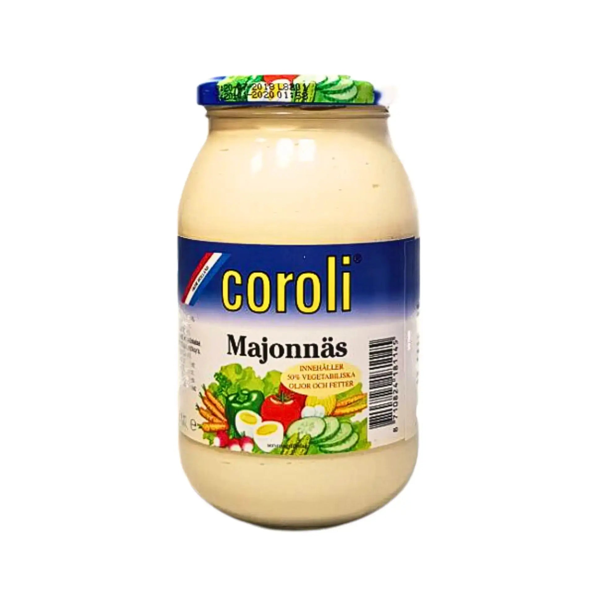 Lasipurkki Coroli-majoneesia 500 g, valkoista kermaista kastiketta, vihanneksia etiketissä