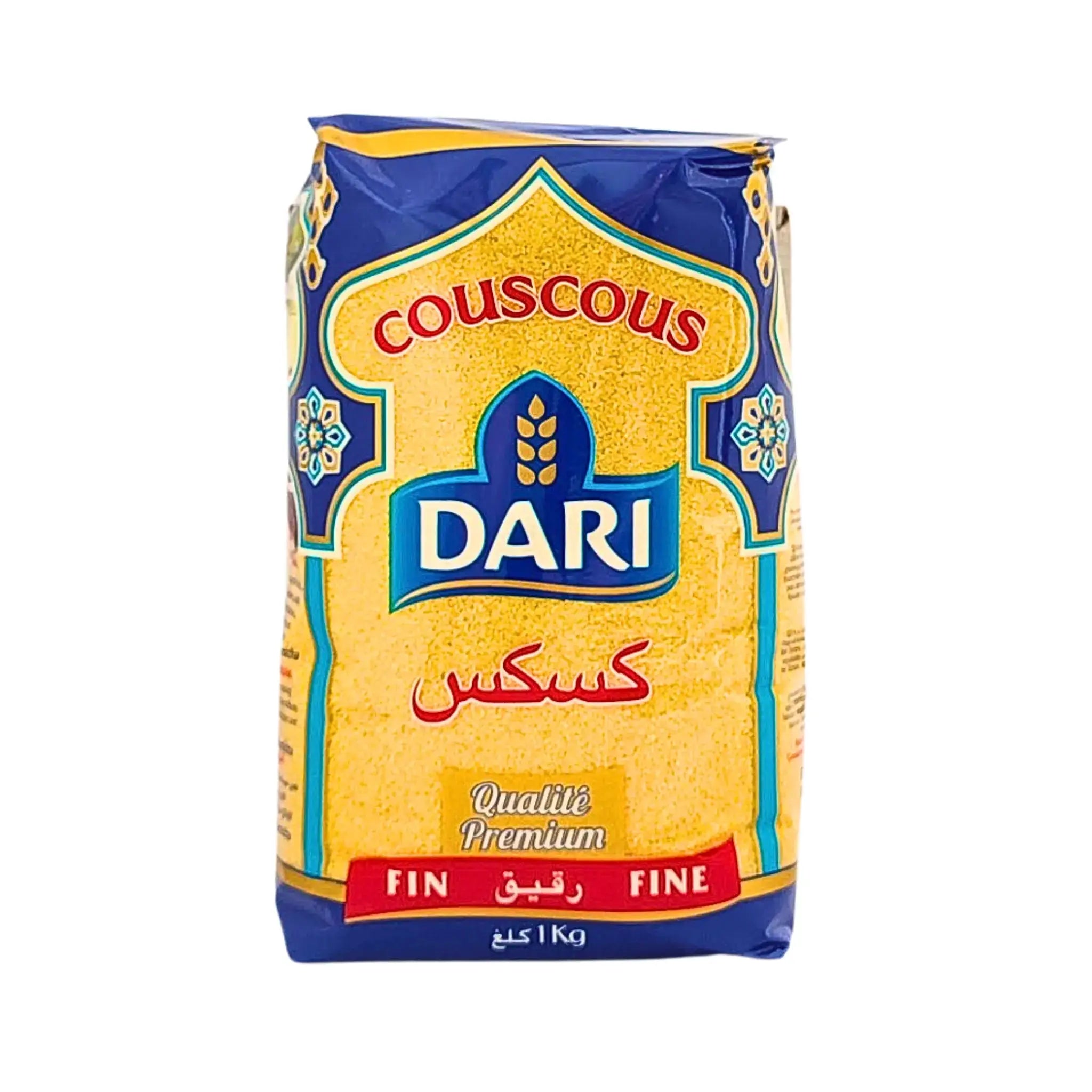 Dari couscous fine 1kg sinisessä ja keltaisessa pakkauksessa, itämaiset siirtomaatuotteet online.