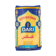 Dari couscous medium 1 kg, itämainen elintarvike sinisessä ja keltaisessa pakkauksessa.