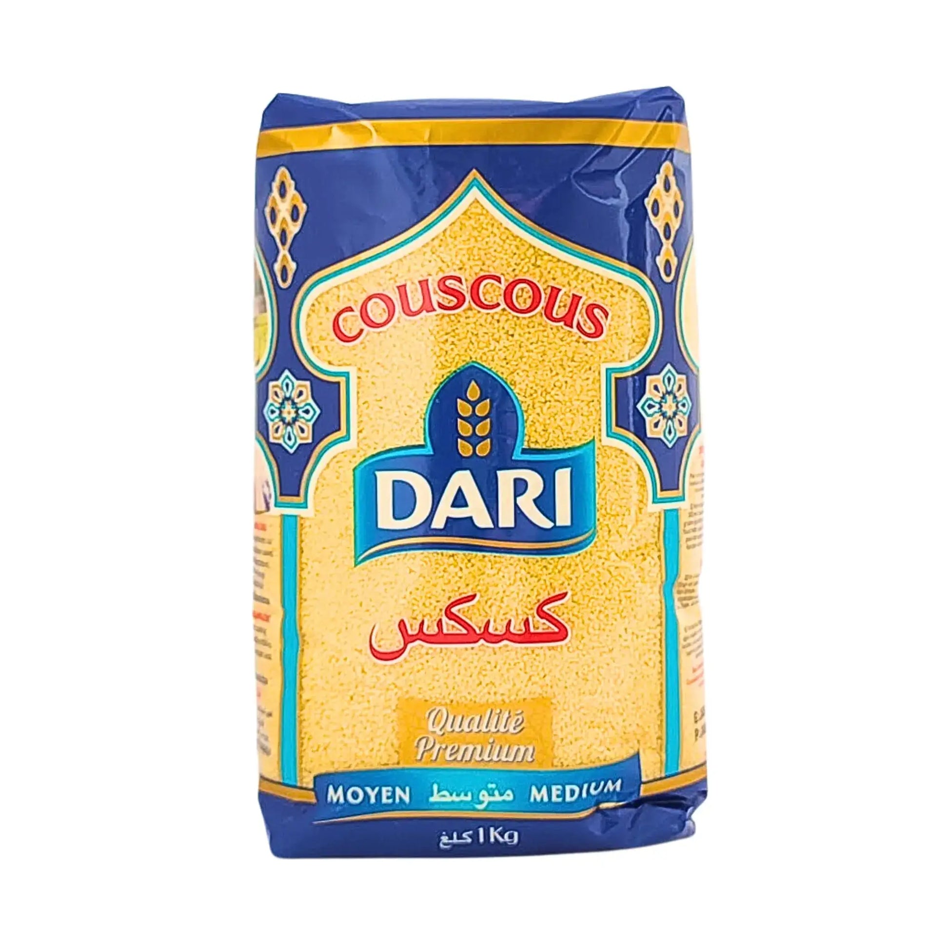 Dari couscous medium 1 kg, itämainen elintarvike sinisessä ja keltaisessa pakkauksessa.