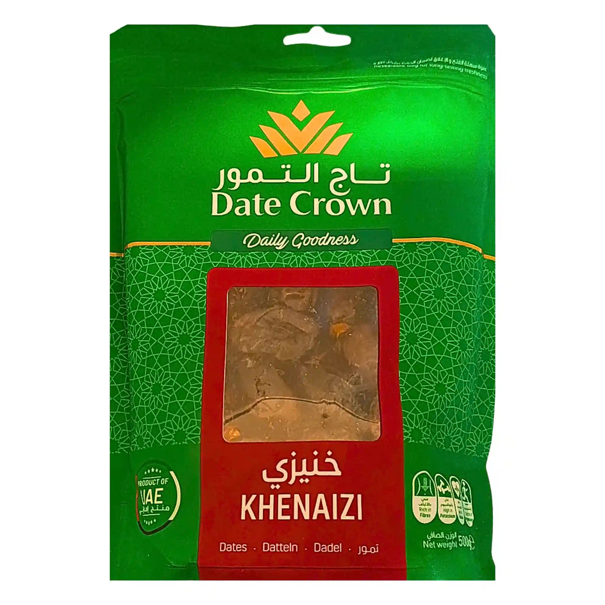Vihreä pussi Crown-luumuja Khenaizi 500 g, itämaiset luumut, näkyvissä muovikkunan läpi.